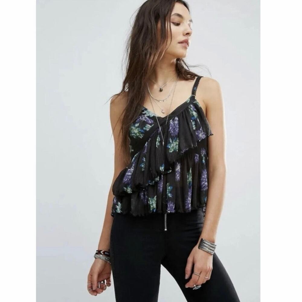 Free People Melbourne Ruffle Floral Tank Top Black Blue Boho Layered Cami Medium